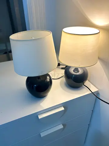 Pair of Black Ceramic Table Lamps with White Shades - Good Condition