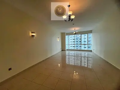 Largest 3-bedroom apartment in Al Taawun with sea view, free AC by landlord, built-in wardrobes, prime location near Al Khan Corniche