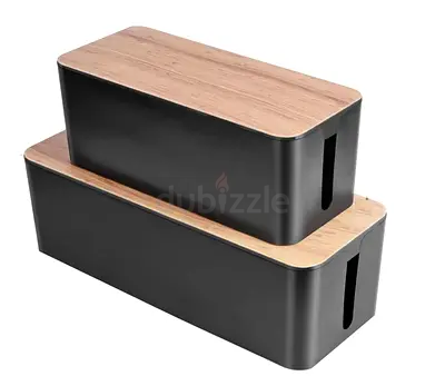 Premium Bamboo Cable Management Boxes (Set of 2) – XL  Large Organizer with Bonus Clips  Ties (Bla