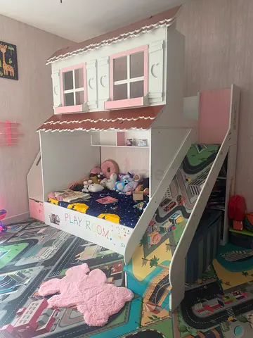 Kids Playroom Loft Bed with Stairs and Playhouse Theme