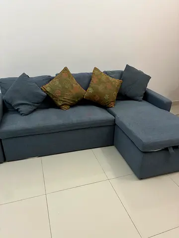 Used Dewan Sofa Cum Bed with Cutions - Dark Blue