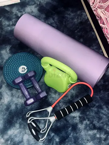 Home workout set: yoga mat, dumbbells, balance board, resistance hand gripper, kettle hand weight