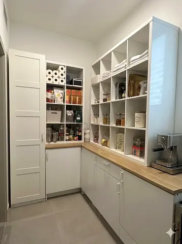 IKEA White Pantry Cabinets with Open Shelving and Worktop