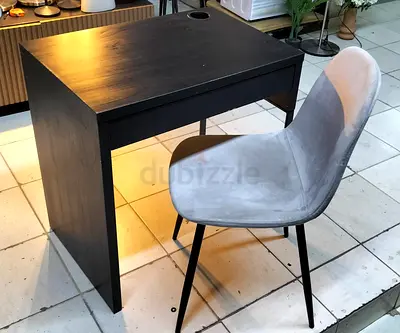 Compact Black Wooden Desk with Grey Upholstered Chair - Set