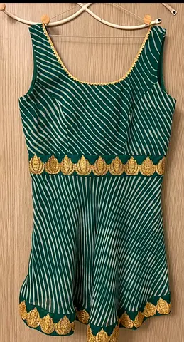Green striped sleeveless womens dress with gold trim - small/medium