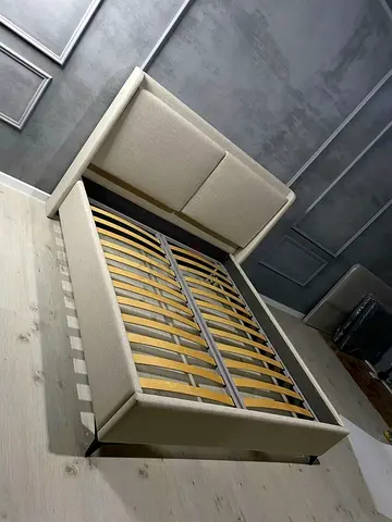 Beige Fabric Double Bed Frame with Headboard