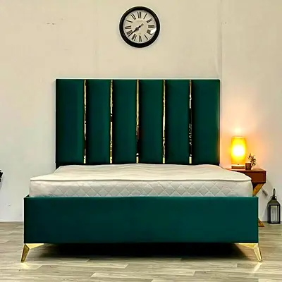 Green Velvet Double Bed with Tall Padded Headboard and Gold Legs