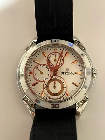 Festina womens silver chronograph watch with leather strap