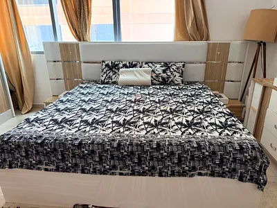 King size modern bed frame with headboard and bedside tables - good condition