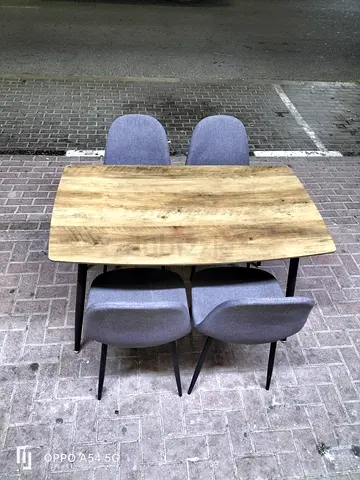 Solid Wood Dining Table with 4 Upholstered Chairs - Modern Rustic Set
