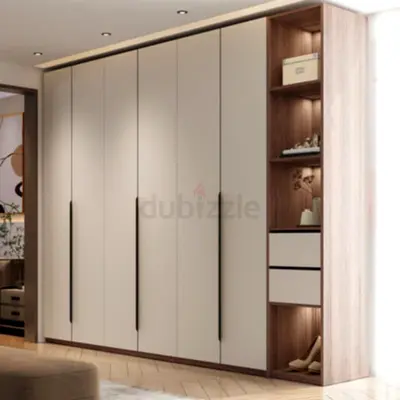 Modern 6-Door Built-in Wardrobe with Open Shelves - Light Wood Finish