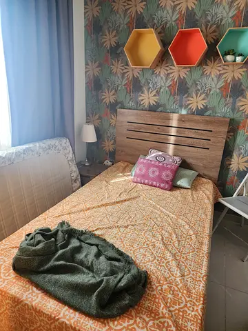 Single wooden bed frame with headboard and mattress