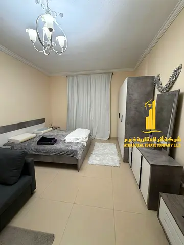 Furnished studio apartment for rent in Ajman, Al Jurf 2, Jasmine Towers. Clean and tidy furnishings. Includes all bills and internet. Fully furnished