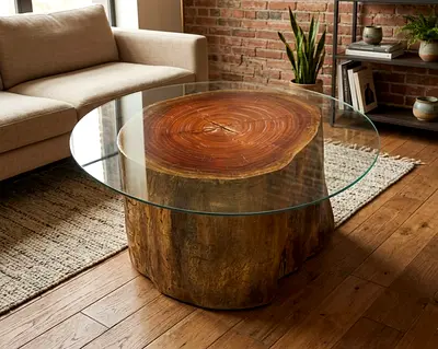 Live Edge Wood Log Coffee Table with Glass Top