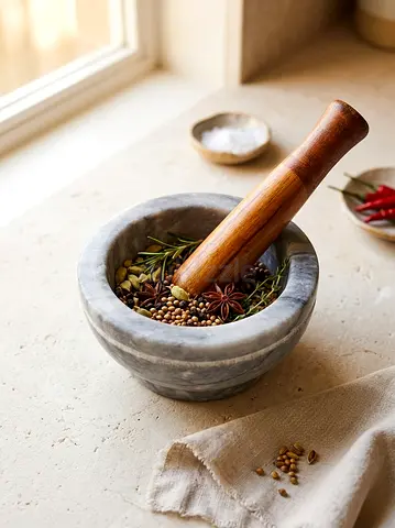Marble Mortar and Wooden Pestle - Medium to small Size