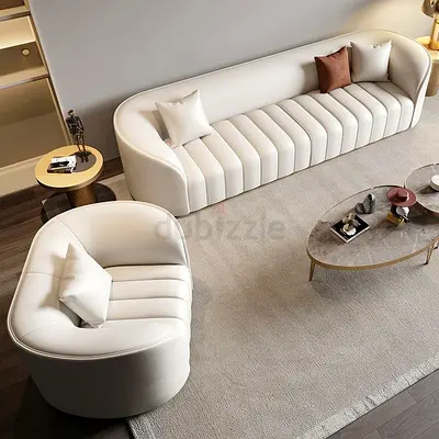 Modern White Leather Sofa and Armchair Set