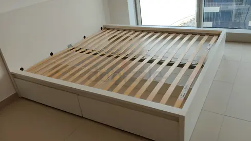 Ikea White wooden double bed frame with under-bed storage