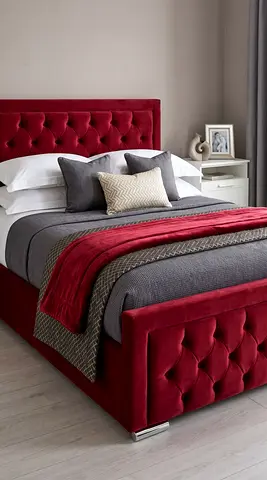 Red Velvet Upholstered Bed Frame with Button-Tufted Headboard and Footboard