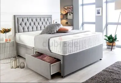 Modern Grey Upholstered Divan Bed with 2 Storage Drawers