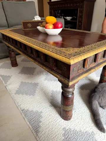 Two Handcrafted Vintage Wooden Coffee Table with Brass Inlay