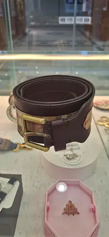 Burberry Check and Leather Belt with Gold Buckle