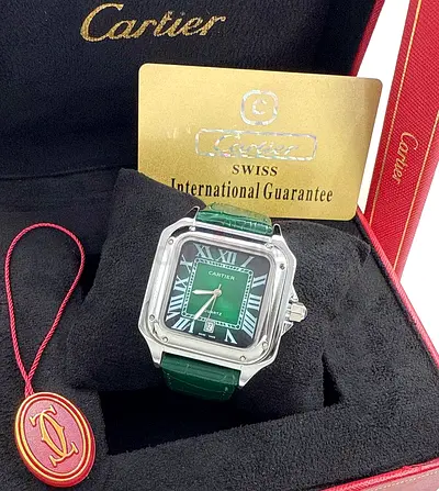 Cartier Santos Mens Watch - Green Dial  Strap, Complete Box