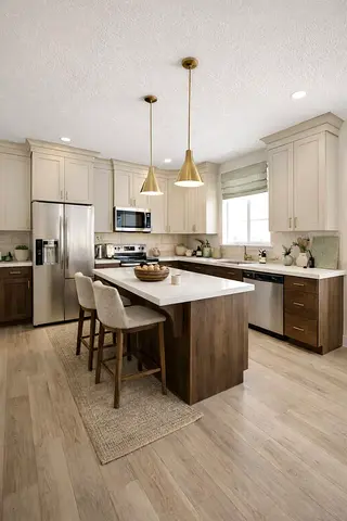 Modern two-tone kitchen island with stools