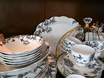 Elegant Black  White Floral Porcelain Tea Set with Serving Plates