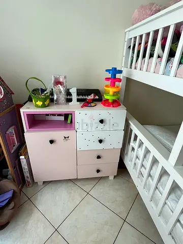Pink and White Kids Dresser / Storage Cabinet with Drawers - Good Condition with doll house separate