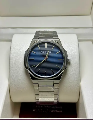 Patek Philippe style stainless steel mens wristwatch with blue dial