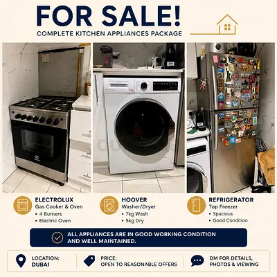 Kitchen Appliances Bundle: Electrolux Gas Cooker, Hoover Washer/Dryer  Fridge (Dubai)