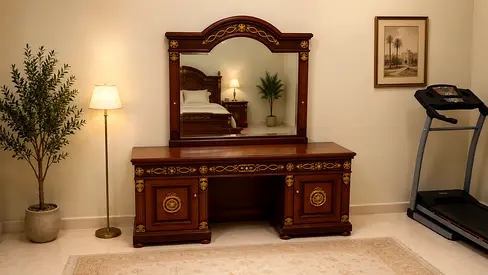 Antique-style Wooden Dresser with Large Mirror - Solid Dark Wood