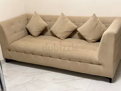 Beige 3-Seater Tufted Sofa with Cushions - Good Condition