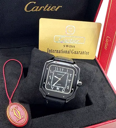 Cartier Santos-style Black Dial Mens Watch with Box and Papers