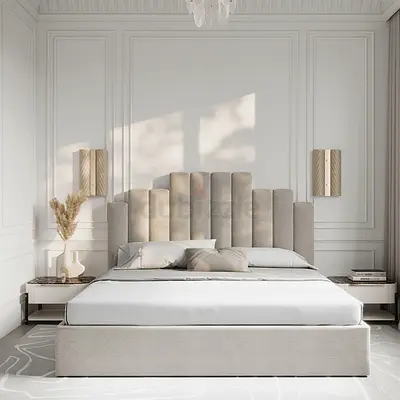 Neutral upholstered king-size bed with padded headboard