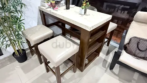 Compact marble-top bar table / kitchen island with 4 stools — dark wood finish