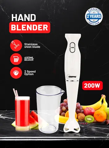 Geepas 200W Hand Blender with 600ml Beaker - 2 Speed, Stainless Steel Blade