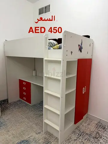 White and Red Kids Loft Bed with Desk  Wardrobe - Good Condition