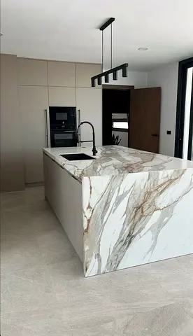 Custom Made Kitchen Island with Sleek marble  Finish and Open Storage