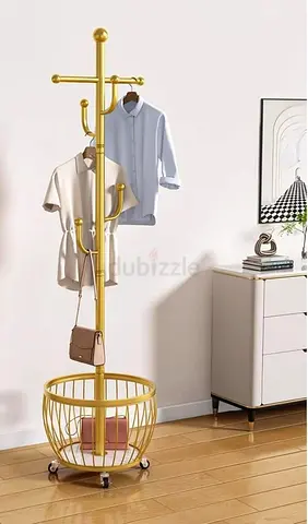 Modern Gold Coat Rack Stand with Storage Basket  Wheels