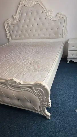 White Ornate Queen Size Bedframe with Mattress and Matching Nightstand