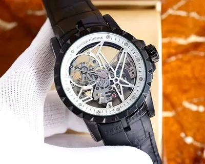 Roger Dubuis Style Skeleton Mens Automatic Watch - Black Leather Strap