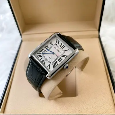 Classic Cartier-style Men’s Rectangular Leather Strap Watch