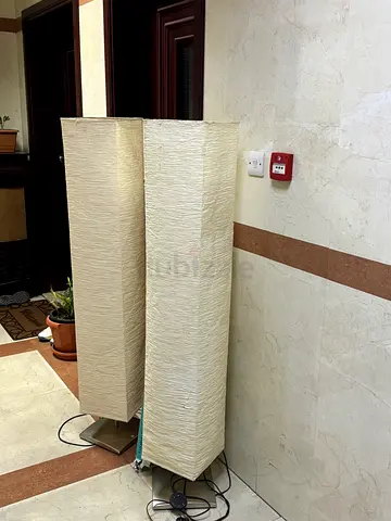 Pair of tall textured floor lamps - cream paper-style shades