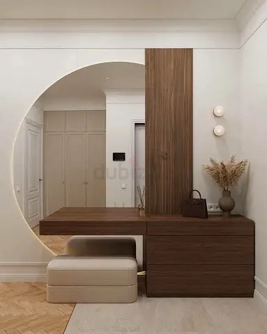 Modern Walnut Entryway Console with Round Mirror and Bench