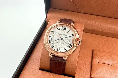 Cartier Ballon Bleu Automatic Mens Watch - Rose Gold Tone, Brown Leather Strap