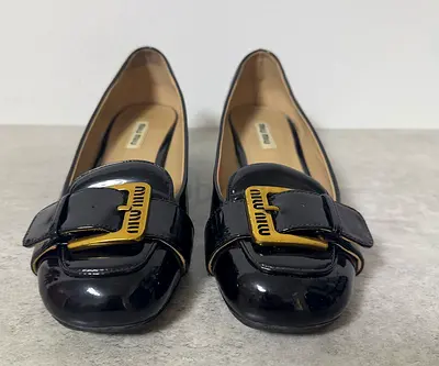 Black Miu Miu Patent Leather Flats with Gold Buckle - Size 36