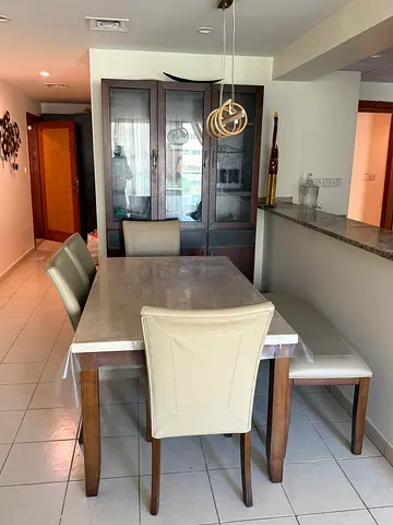 Solid Wood Marble top Dining Table with 4 Upholstered Chairs and a bench
