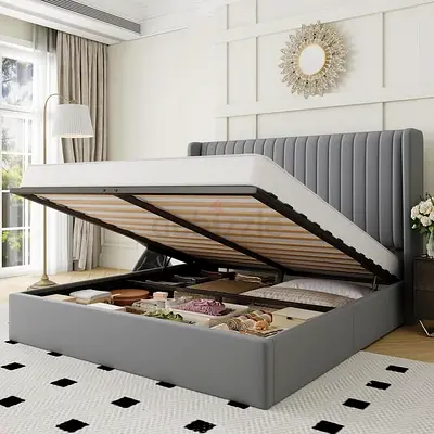 Gray Upholstered Ottoman Storage Bed with Headboard - King Size