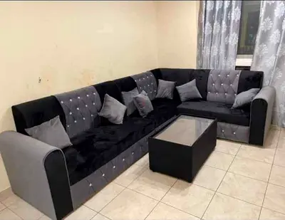 L-shaped Black  Grey Fabric Corner Sofa with Glass Coffee Table